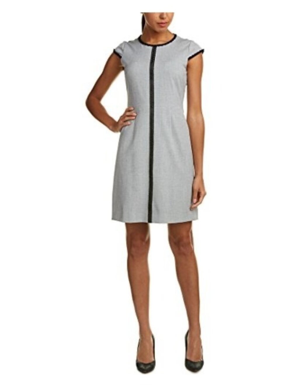 Tahari Agatha Sheath Dress Light Gray Black Trim Career Professional Size 4 Wome